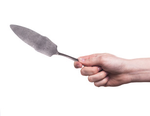Fototapeta premium kitchen utensils in the hand of women isolated on white background