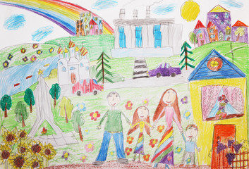 Fototapeta na wymiar Child's drawing happy family with two children for a walk
