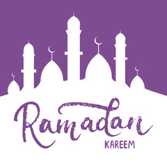 Ramadan Kareem greeting card background with lettering and mosque. Vector illustration for Ramadan - holiest month in the Islamic calendar for Muslims.