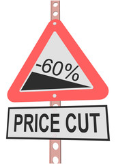 Yellow road sign with 60% discount message and sale alert