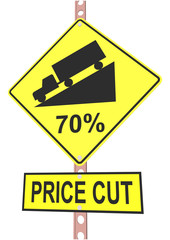 Yellow road sign with 70% discount message and sale alert