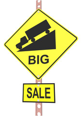 Yellow road sign with discount message and sale alert