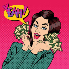 Young Businesswoman Holding Cash. Woman with Dollars in her Hand. Pop Art