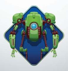 Vector blue diamond-shaped frame with the image of a funny green robot with two arms and legs, with blue lens in the center of body on light gray background. Technology, modern. Vector humanoid robot.