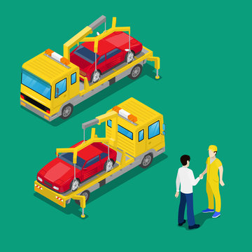 Isometric Car Assistance. Roadside Assistance Car. Tow Truck. Vector