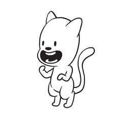 Vector cartoon image of a cute little black-white cat standing on hind legs and begging for food on a white background. Made in monochrome style. Positive character. Vector illustration.