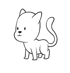 Vector cartoon image of a cute little black-white cat standing and smiling on a white background. Made in monochrome style. Positive character. Vector illustration.
