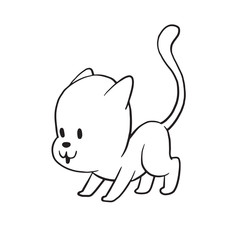 Vector cartoon image of a cute little black-white cat standing on four legs and looking at something on a white background. Made in monochrome style. Positive character. Vector illustration.