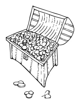 recommend clip art: Schat in schatkist - gouden munten - kleurplaat
