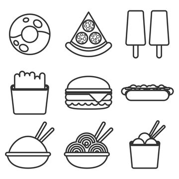 Fast food icons: burger and fries, pizza, hot dog, ice cream