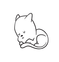 Vector cartoon image of a cute little black-white cat sleeping curled up on a white background. Made in monochrome style. Positive character. Vector illustration.