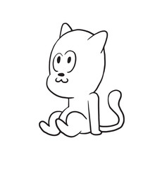 Vector cartoon image of a cute little black-white cat sitting and dreaming about something on a white background. Made in monochrome style. Positive character. Vector illustration.