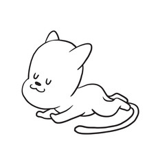 Vector cartoon image of a cute little black-white cat lying on his stomach and sleeping on a white background. Made in monochrome style. Positive character. Vector illustration.