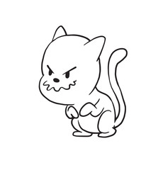 Vector cartoon image of a cute little black-white cat sitting and plotting something tricky on a white background. Made in monochrome style. Positive character. Vector illustration.