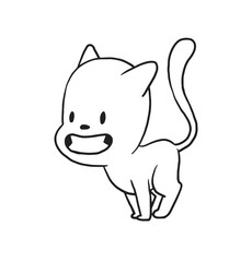 Vector cartoon image of a cute little black-white cat standing and smiling from ear to ear on a white background. Made in monochrome style. Positive character. Vector illustration.