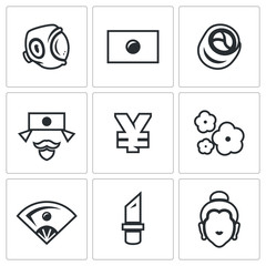 Vector Set of Japan Icons. Sport, National Flag, Traditional Food, Japanese, Yen, Sakura, Geisha, Yakuza, Religion.