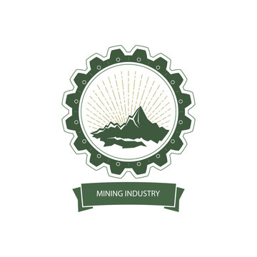 Mining Industry Emblem, Sunburst and the Mountains in Gear, Design Element, Vector Illustration