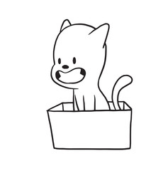 Vector cartoon image of a cute little black-white happy cat sitting in the box on a white background. Made in monochrome style. Positive character. Vector illustration.