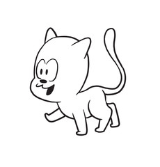 Vector cartoon image of a cute little black-white cat walking somewhere and smiling on a white background. Made in monochrome style. Positive character. Vector illustration.