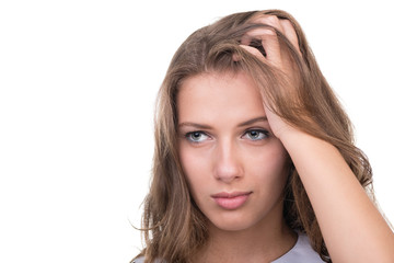 Closeup portrait of sad and depressed woman isolated on white