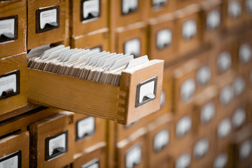 Library or archive reference card catalog. Database, knowledge base concept. - obrazy, fototapety, plakaty