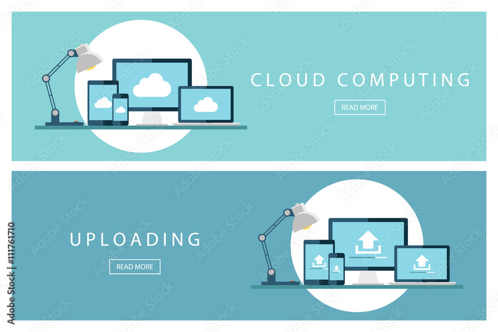 Poster Set of flat design concepts Cloud computing and Uploading technology. Banners for web design, marketing and promotion. Presentation templates. Vector illustration.