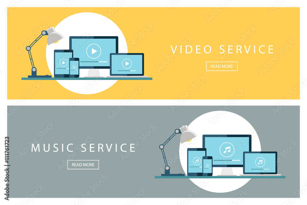Aufkleber set of flat design illustration concepts video service and music service. banners for web design, ma