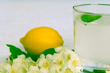Lemonade with fresh lemon and mint leaves with copy space