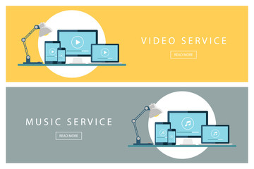 Set of flat design illustration concepts Video service and Music service. Banners for web design, marketing and promotion. Presentation templates. Vector illustration.