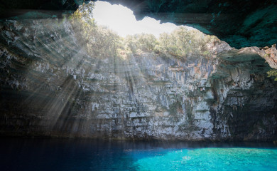 Naklejka premium Melissani lake on Kefalonia island, Greek famous tourist place