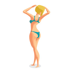 Blonde woman dressed in green swimsuit is standing sunbathe on t