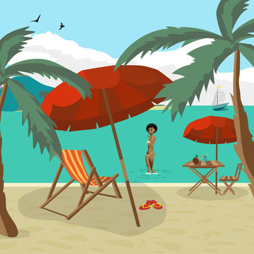 Sea landscape summer beach, palm tree, sun umbrellas, beach beds