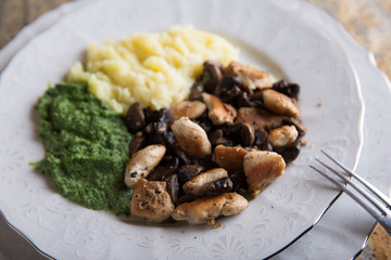 Roasted chicken, meshed potato and spinach