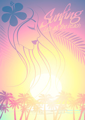 Fototapeta na wymiar Tropical surfing beach girl with palm trees at sunset