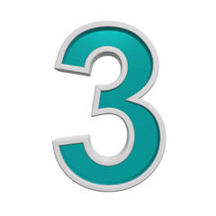 One digit from turquoise glass with white frame alphabet set. 3D illustration.