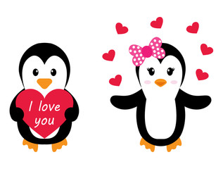 penguin girl and boy with heart