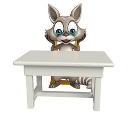 Raccoon cartoon character with table and chair