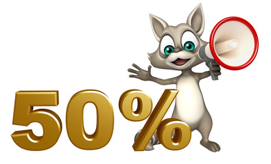 cute Raccoon cartoon character with 50% sign and loud speaker