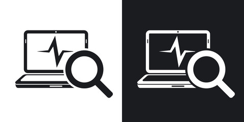 Laptop diagnostics icon, vector. Two-tone version on black and w