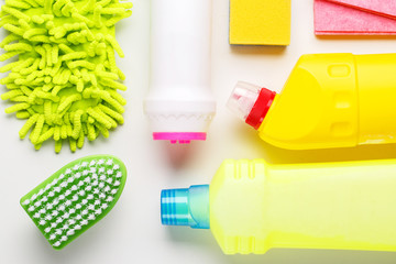 House cleaning products on white table