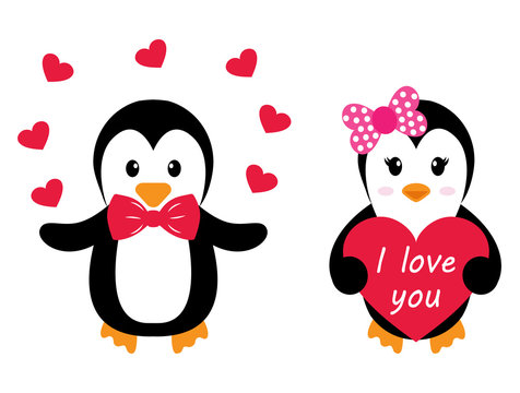 penguin girl and boy with heart set