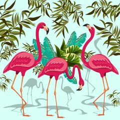 Naklejka premium Pink Flamingos Exotic Birds with Tropical Plants