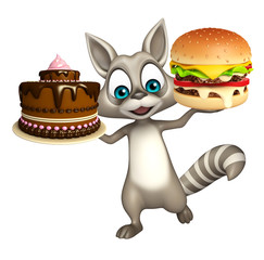 fun Raccoon cartoon character with burger  and cake