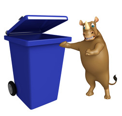 Naklejka premium Rhino cartoon character with dustbin