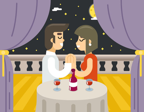 Romantic evening night love beloved dating man woman food dinner wine Symbol Icon Concept Isolated on Stylish Background Flat Design Vector Illustration