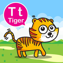 T Tiger color cartoon and alphabet for children to learning vect