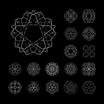 The circular geometric patterns. Black and white vector set. Magic, mandala, philosophy, esoteric, space, occult. The symbols and elements.