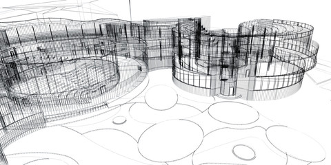 Abstract architecture wireframe, render of building