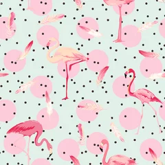 Foto op Plexiglas Flamingo Flamingo Vogel Achtergrond. Flamingo veer achtergrond. Retro naadloos patroon