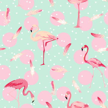 Flamingo Bird Background. Flamingo Feather Background. Retro Seamless Pattern
